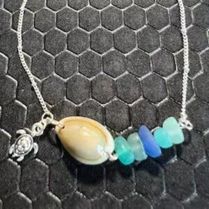 Turtle Anklet with Blue and Aqua Sea Glass and Seashell 18K White Gold Plated